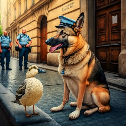 husky german shepard mix dog light beige on the streets of budapest hungary eating a duck that is wearing sandels and in the backgound there is a hungarian policeman holding a ballon