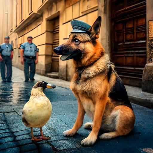 husky german shepard mix dog light beige on the streets of budapest hungary eating a duck that is wearing sandels and in the backgound there is a hungarian policeman holding a ballon