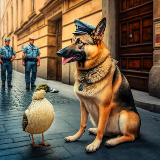 husky german shepard mix dog light beige on the streets of budapest hungary eating a duck that is wearing sandels and in the backgound there is a hungarian policeman holding a ballon