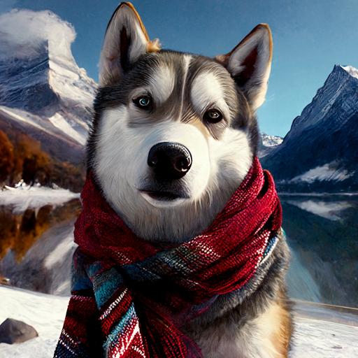 /husky in a scarf takes a selfie against the backdrop of mountains, realistic