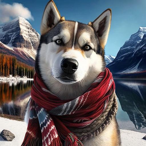 /husky in a scarf takes a selfie against the backdrop of mountains, realistic