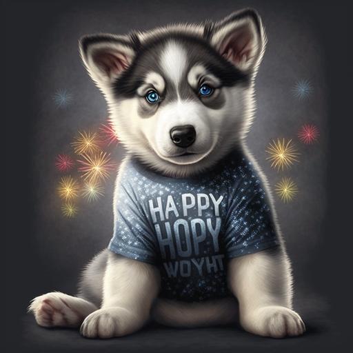 husky puppy with happy new year shirt