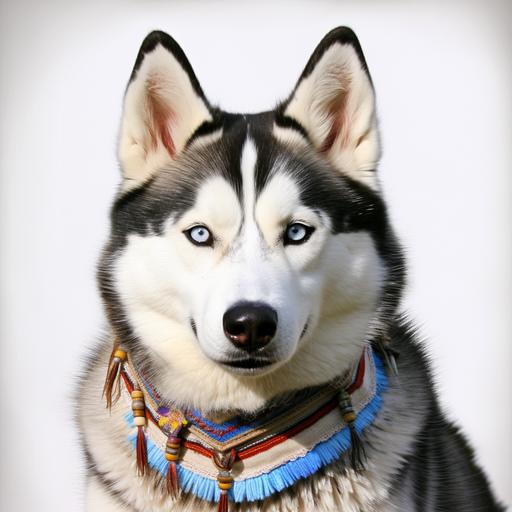 husky with blue eyes and white face, sombrero and Mexican poncho, white background, vibrant, realism,