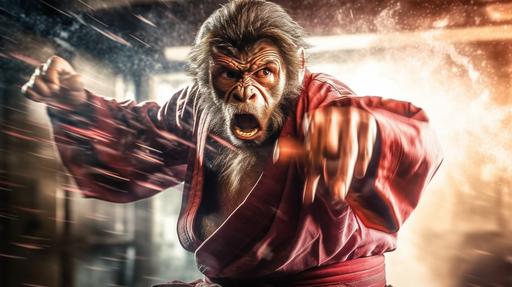 hybrid Angry Screaming Monkey , with hakama practicing sword fighting with metal swords, in dojo, Martial artists using ki blasts moire patterns smoke, karate action shot of two karate fighter, hyper details, rich colors, photograph, arena dojo background, --q 2 --ar 16:09 --s 250 --v 5.1