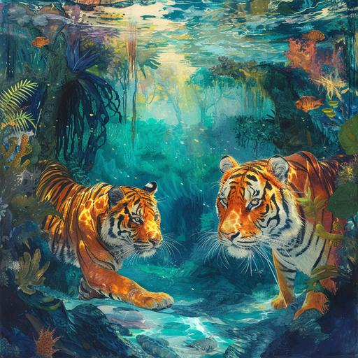hybrid, amphibian tigers in the ocean jungle --v 6.0