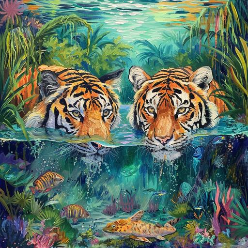 hybrid, amphibian tigers in the ocean jungle --v 6.0