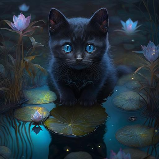 hybrid human black kitten with blue eyes on a water lily in a swamp, hiper realistic, vantablack, adorable kitten, magic ilumination --v 4 --s 750