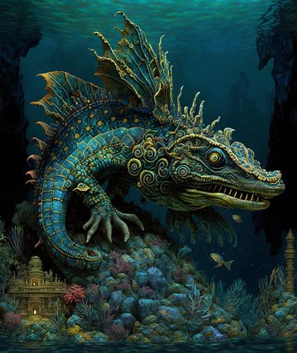 hydraulic powered underwater Aztec coatl dragon island , jungle bloomcore, 🐉, Craig Mullens Jan Matejko, Edmund dulac --ar 5:6 --v 4