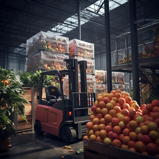 hydrogen forklift in a fruit packing warehouse in 2040
