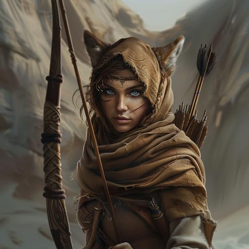 realistic female Ailuranthropy Magical Archer, brown fur blue eyes, wearing a tan cotten shemagh
