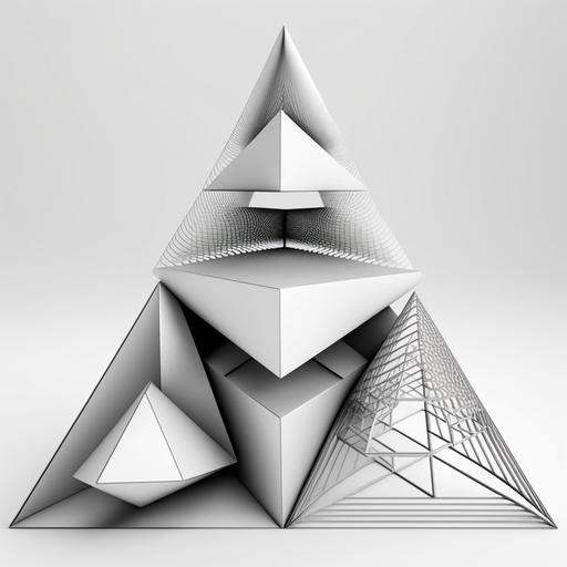 hyper complex line drawing of abstract form of pyramid, Trio, Trinity, 3D modeling rig, geometric mesh, white background, Noritake, Yu Nagaba, Ryo Kaneyasu, Saki Obata, Avogado6 illustration style