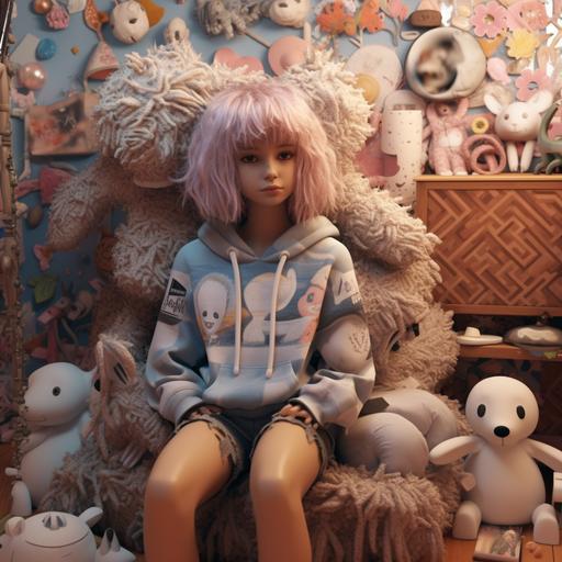 hyper detailed 3d, 1girl, looking at viewer, sitting, full body, clutter girl's lovely room, hugging stuffed animal, fluffy hoodie with animal ears, masterpiece, best quality, 8k, detailed skin texture, detailed cloth texture, beautiful detailed face, intricate details, ultra detailed, zentangle