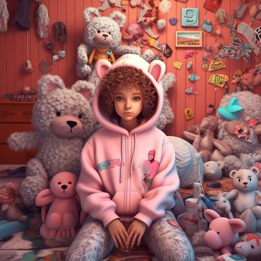 hyper detailed 3d, 1girl, looking at viewer, sitting, full body, clutter girl's lovely room, hugging stuffed animal, fluffy hoodie with animal ears, masterpiece, best quality, 8k, detailed skin texture, detailed cloth texture, beautiful detailed face, intricate details, ultra detailed, zentangle