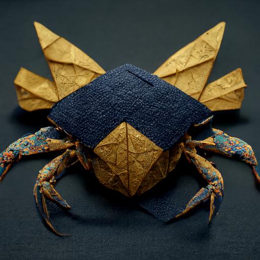 hyper-detailed Origami crab, Chiyogami washi paper, navy and gold palette,  ray tracing, unreal engine, octane render