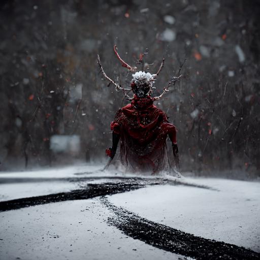 hyper-detailed anime, interior, demon, Portrait of a fierce demon, winter, snowfall, red puddles, white gravel, smooth cel-shading, photographic concept art, Intricate details, 8K, RTX, light mode, octane render