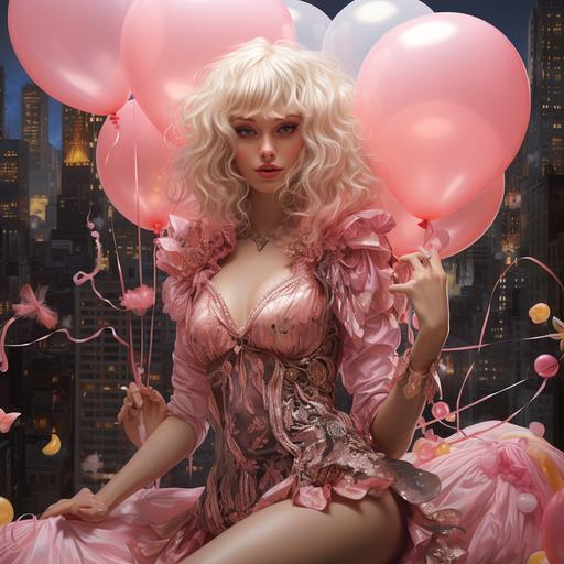 hyper-detailed blonde fairy with grey eyes and pink lace sparkly princess dress with sparkly fairy wings and neon pink balloons with nyc skyline in background --s 250 --v 5.2