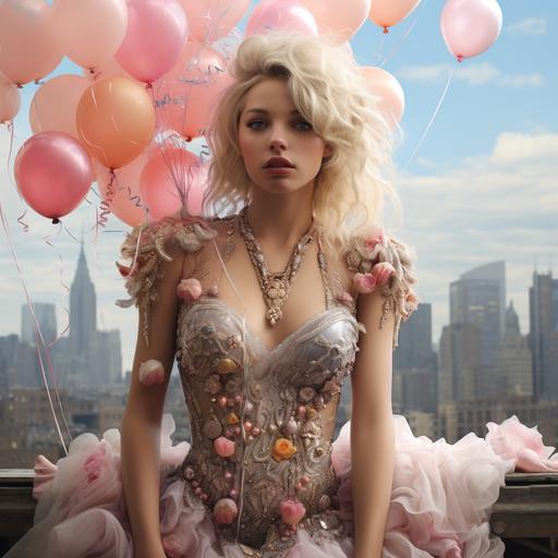 hyper-detailed blonde fairy with grey eyes and pink lace sparkly princess dress with sparkly fairy wings and neon pink balloons with nyc skyline in background --s 250 --v 5.2