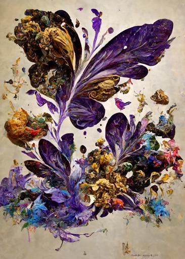 hyper detailed ebru generative rococo graffiti collage painting of an explosive floral bouquet vortex, butterflies, scarabs, maple seeds, raindrops, and starlings, bright color, rule of thirds, neo-classical composition, butterfly feature. arrangement isolated on hot purple —mp