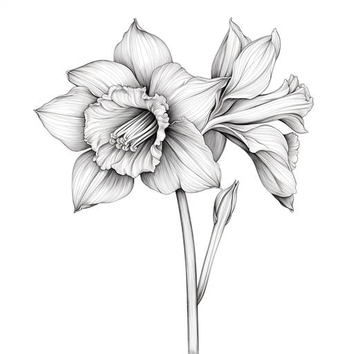 hyper detailed hand drawing of a daffodil cross-etching lines black and white on a white background