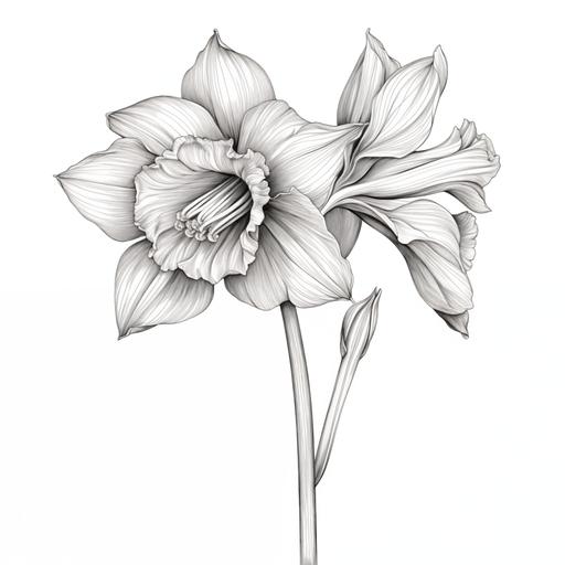 hyper detailed hand drawing of a daffodil cross-etching lines black and white on a white background