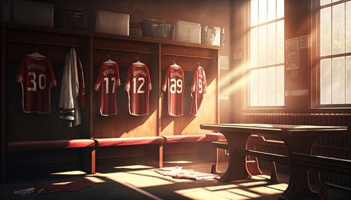 hyper-detailed photorealistic realistic photo of a locker room, lockers, red and white jerseys hanging, dirty laundry, team sitting on benches drinking a soda, sunlight beaming in, wood benches, soccer cleats on floor, 4k --v 4 --ar 16:9