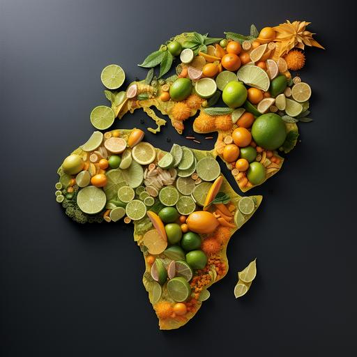 hyper real South America map with citrus fruits