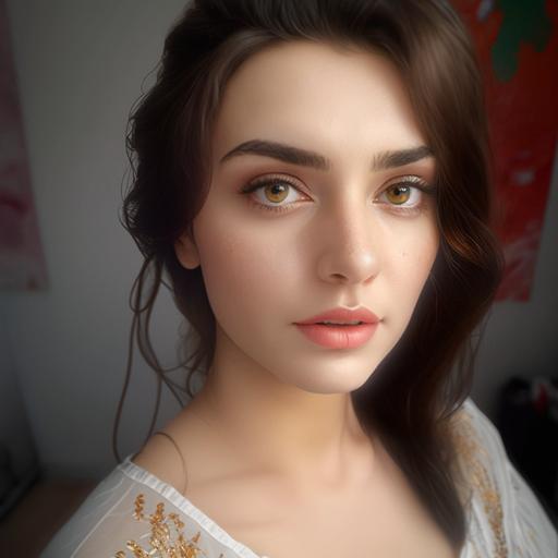 hyper real photorealistic with raytracking , 4K high photo quality, 20 years old beautiful young girl, sweaty body, brown long and slightly curved hair, makeup face, short white tight shirt,