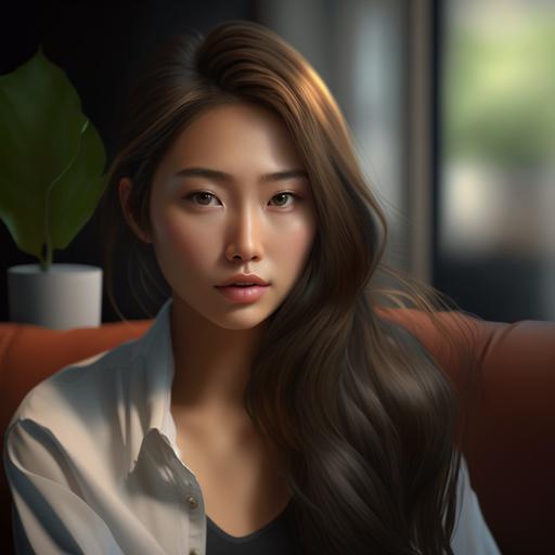 hyper real photorealistic with raytracking , 4K high photo quality, 20 years old beautiful young japan-korea girl, sweaty body, brown long and slightly curved hair, makeup face, short white tight shirt, black mini skirt sit on sofa in cafe