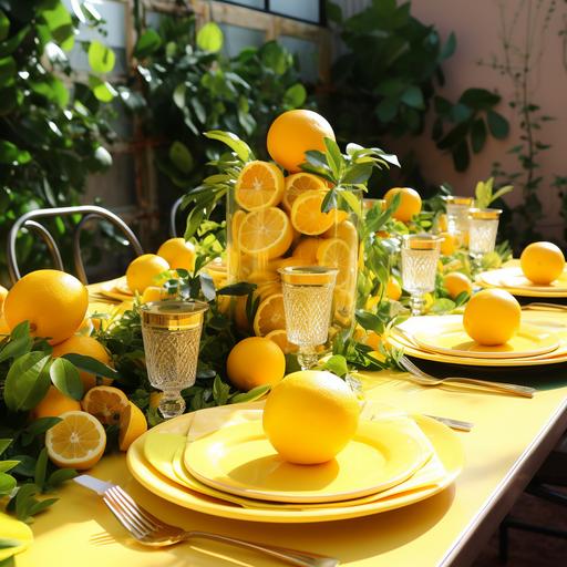 hyper real, realistic, citrus themed dinner party, lemon table setting