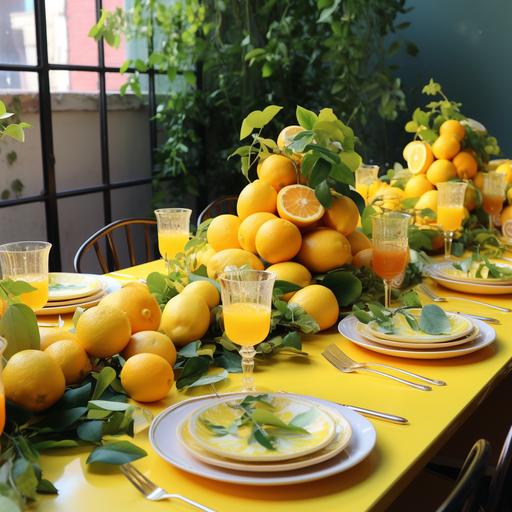 hyper real, realistic, citrus themed dinner party, lemon table setting