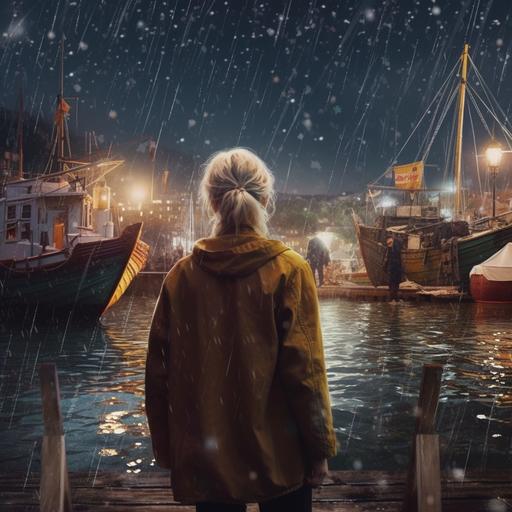 hyper realisti, rear view of a tall blonde girl, wearing a loose raincoat and flowy dress under, she is between a wide white hull inflatable Zodiac and sail boat, looking down, slowly approaching a shore of fishing village, at night, alone, hands a bottle, heavy raining weather. Close up of cabins background and boats moored in a harbor, dust particles, deep focus, detailed texture, night ambience, no light, photorealistic --v 5.1