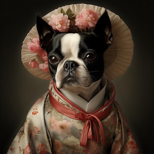 hyper realistic 1800s Boston terrier in a geisha outfit