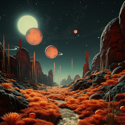 hyper realistic 1950's retro futuristic , in reddish yellow orange glitter stars in style of 1920s a trip to the moon silent film by george mieles reddish oranges yellows,futuristic,cyberpunk,hand,flat,landscape,2D,vintage color palette,random shapes on air,hardware parts --s 250