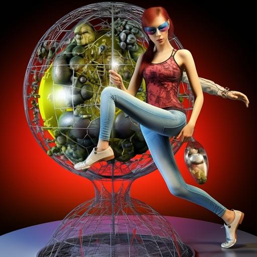 hyper-realistic 3D DSLR photo, sci fi, beautiful Vitruvian Woman, full-body, suspended, autogyrocore, glowing, luminescent, glossy, reflective, nuclear model sphere off-axis, celestial --style raw-fjjcxzavjYb