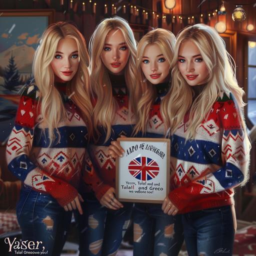 hyper realistic 4 beautiful Norwegian blonde girls, blue eyes, twinkles in their eyes, each wearing tight sweaters with the flag of Norway on them. They are holding a sign that says 