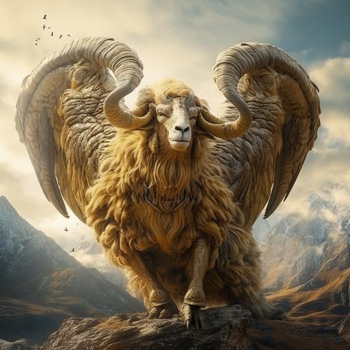 hyper-realistic 4K photograph of the Golden Fleece, the legendary fleece of a flying, winged ram named Crius Chrysomallos. 4K. High Definition.