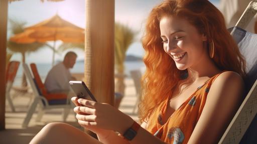 hyper realistic 4k, morning on the beach with closeup of happy young ginger woman with freckles on face, working on cell phone in modern orange beach lounge working in summer, --ar 16:9
