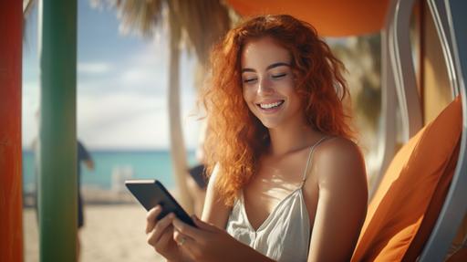 hyper realistic 4k, morning on the beach with closeup of happy young ginger woman with freckles on face, working on cell phone in modern orange beach lounge working in summer, --ar 16:9