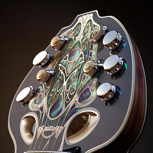 hyper realistic 6 string guitar headstock with intricate mother of pearl inlays gibson fender les paul stratocaster telecaster j-200 j-45 electric acoustic