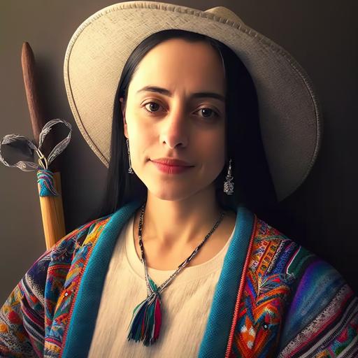 hyper-realistic, 8k, colorful hispanic clothes holding a paintbrush, exagerated necklace and artist hat