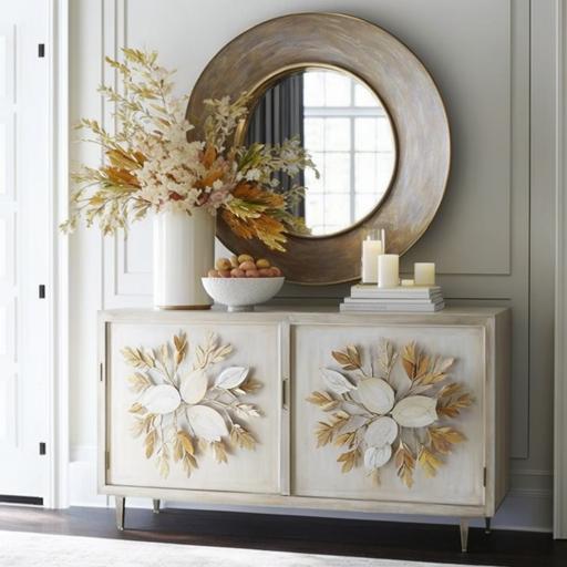 hyper realistic, 8k, rectangle solid wood buffet cabinet, whitewashed wood color, round gold mirror on wall above the butter table, white wall background, dark hardwood floor, simple farmhouse style, floral decorations