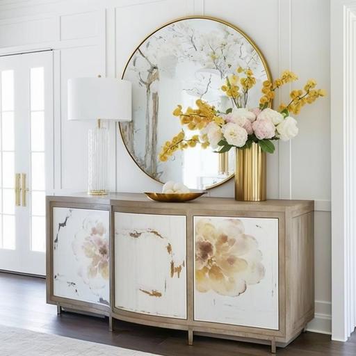 hyper realistic, 8k, rectangle solid wood buffet cabinet, whitewashed wood color, round gold mirror on wall above the butter table, white wall background, dark hardwood floor, simple farmhouse style, floral decorations