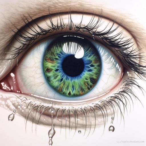 hyper realistic Green and Blue eyes showing only the eye and eyebrows, make it vibrant and realistic include tears pencil drawing