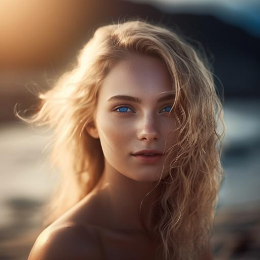 hyper realistic, Portrait of a beautiful blonde in a bikini on a deserted beach, sun rays shining in her hair and blue eyes. Perfect harmony between model and scenery. Soft focus, generous depth of field. --v 5