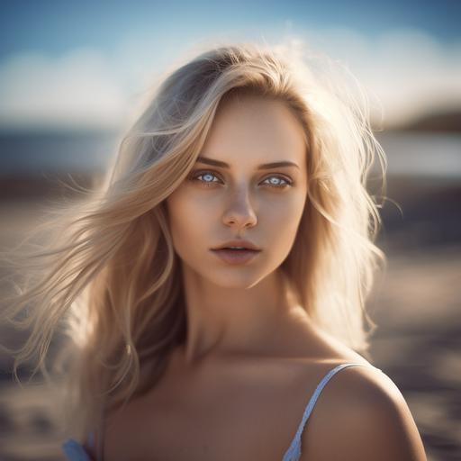 hyper realistic, Portrait of a beautiful blonde in a bikini on a deserted beach, sun rays shining in her hair and blue eyes. Perfect harmony between model and scenery. Soft focus, generous depth of field. --v 5