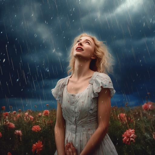 hyper-realistic a pretty blonde woman in her 50's standing in a field in the middle of a thunderstorm looking up at the sky while getting rained on in a white dress with blue and red flowers on it