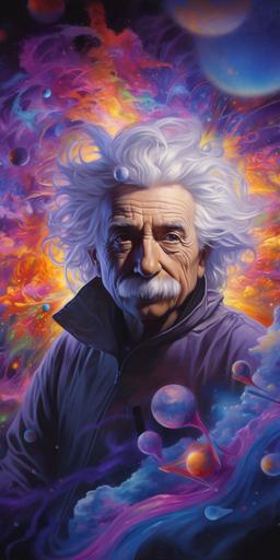 hyper realistic albert einstein making art, creating a painting, stars and planets in the background, artist, psychedelic elements, vibrant blue and purple hues --ar 3:6