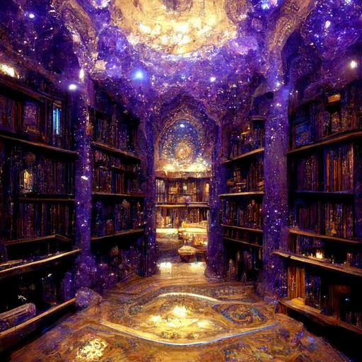 hyper realistic architecture beautiful fantasy library on a floor of water with stone ornaments and a sky full of bright stars, crystal lights on the walls to light up the halls, victorian style bookshelfs, blue and purple highlights, concept art, dark space eviroment, cinematic