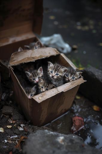 hyper realistic baby cats abandoned in a cardboard box beside trash, heavy rain, very cold, wet, sad, suffering --ar 2:3 --v 6.0 --style raw