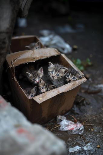 hyper realistic baby cats abandoned in a cardboard box beside trash, heavy rain, very cold, wet, sad, suffering --ar 2:3 --v 6.0 --style raw